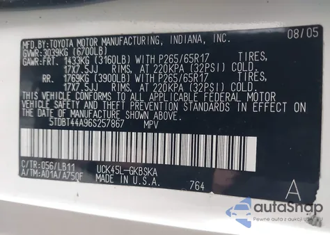 2006 Toyota Sequoia Sr5 V8 from USA, damaged, VIN 5TDBT44A96S257867